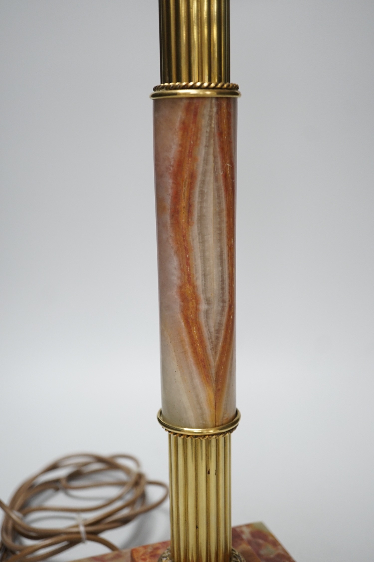 A brass and onyx Corinthian column table lamp, 55cm total height